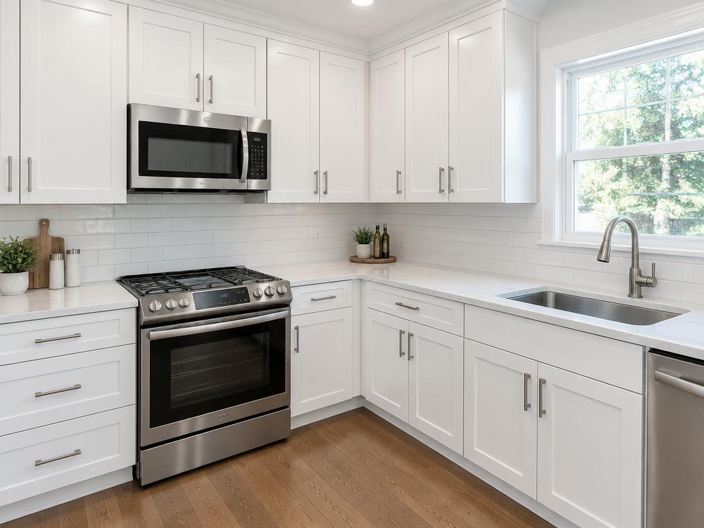 After: Shaker doors, quartz tops and new hardware