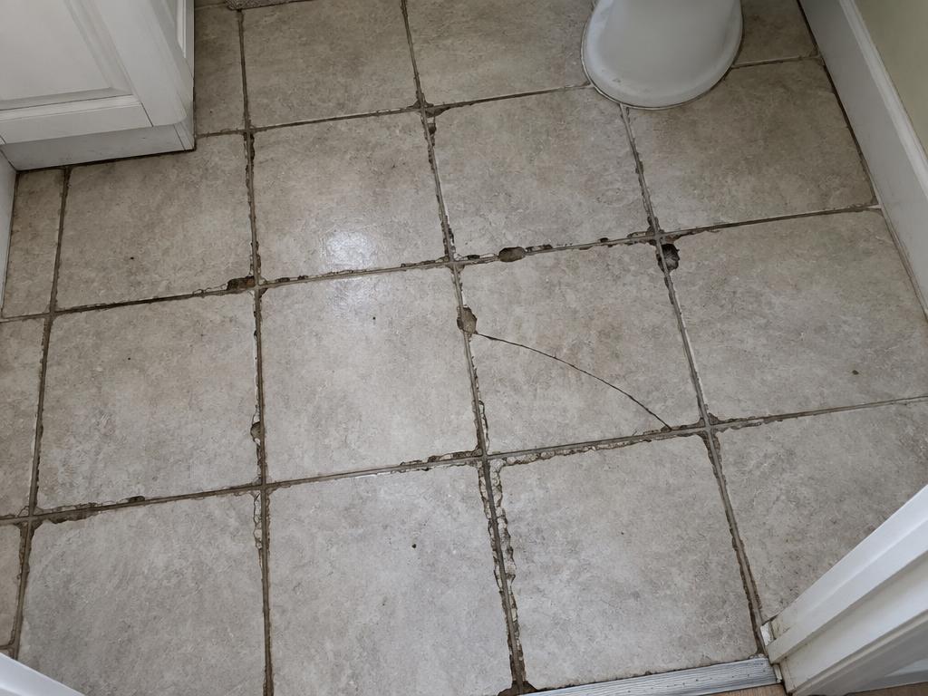 Before: Cracked tile with failing, dirty grout